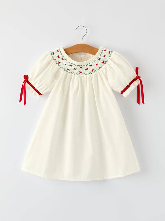 Rylee Faith Designs - White Christmas Girl's Dress: Delicate Embroidery with Red Bow Details