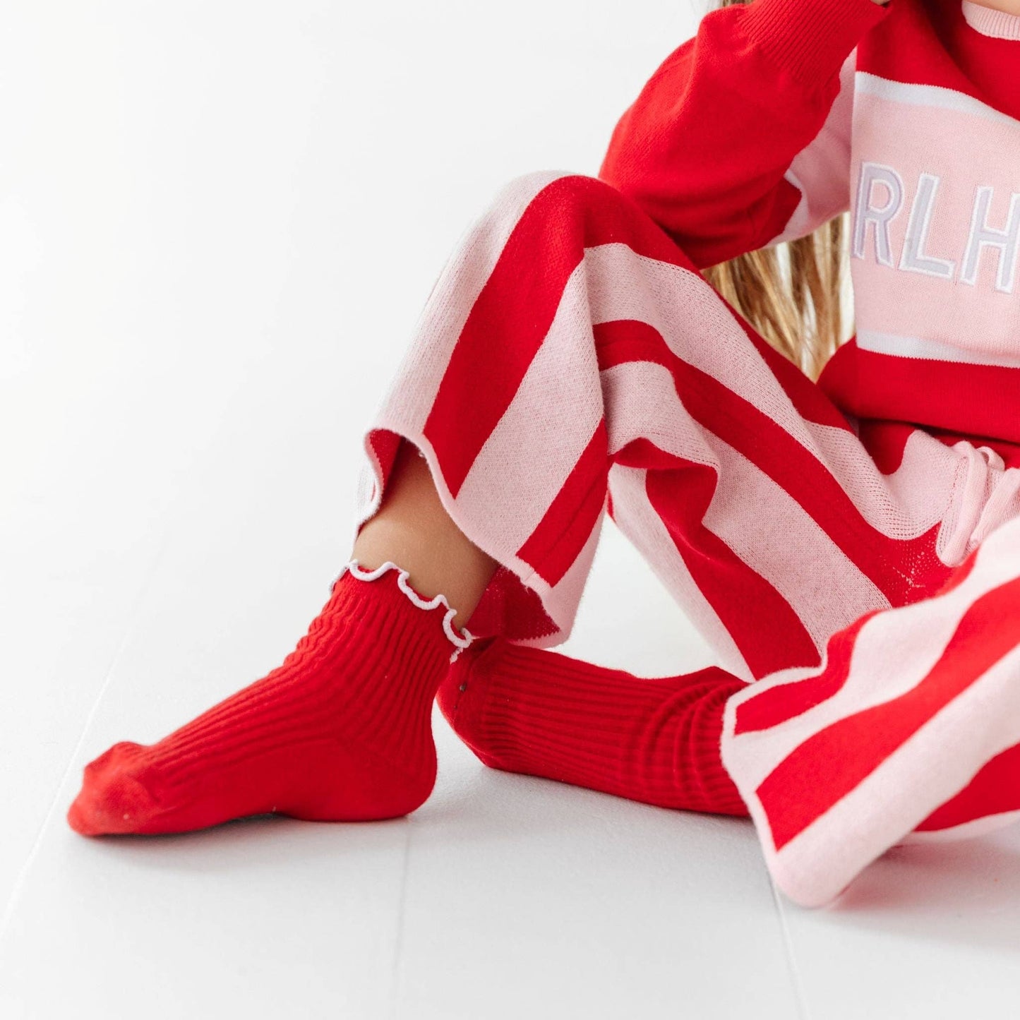 Little Stocking Co. - Ribbed Lettuce Trim Midi Socks - Red/White