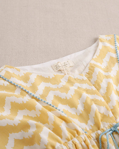 Dadati - Mustard and white zigzag girl dress with turquoise