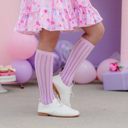 Little Stocking Co. - Lilac Striped Scalloped Knee High Socks