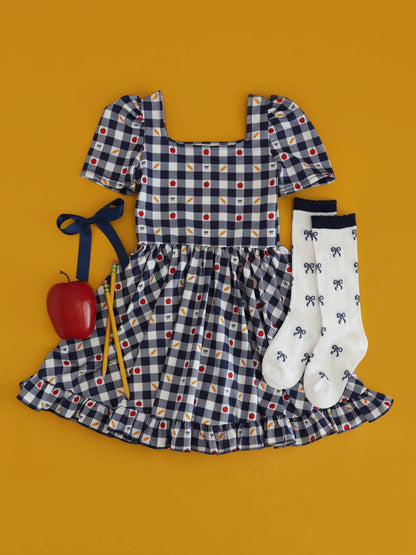 Little Stocking Co. - Navy Bow Scalloped Knee Socks