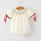 Rylee Faith Designs - Christmas Girl's Romper : Delicate Embroidery with Red Bow Details