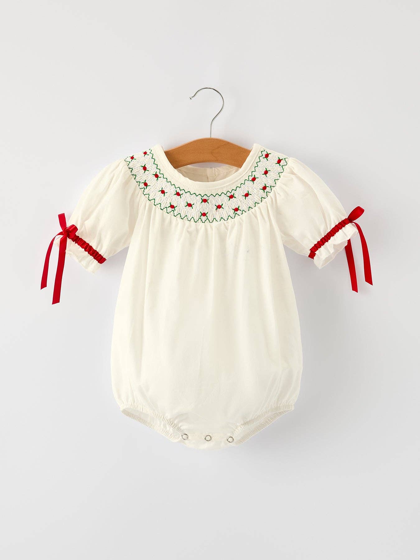 Rylee Faith Designs - Christmas Girl's Romper : Delicate Embroidery with Red Bow Details