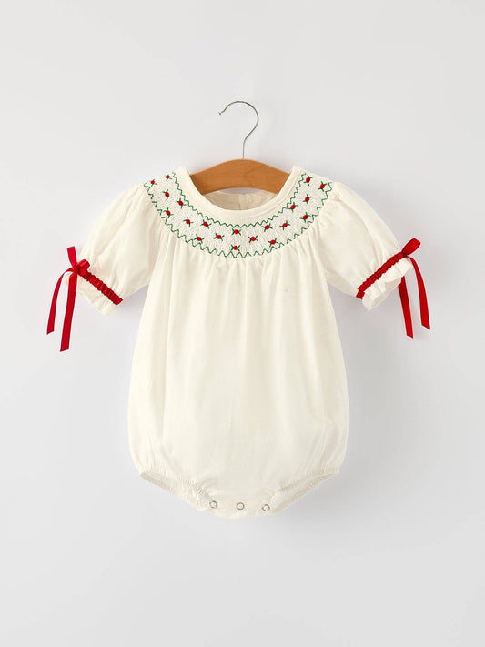 Rylee Faith Designs - Christmas Girl's Romper : Delicate Embroidery with Red Bow Details