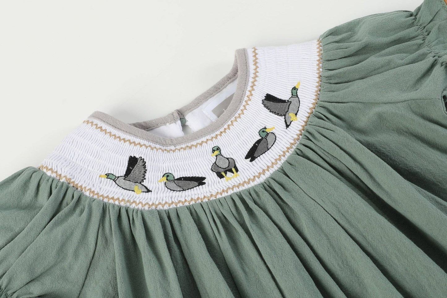 Lil Cactus - Sage Green Mallard Smocked Bishop Dress
