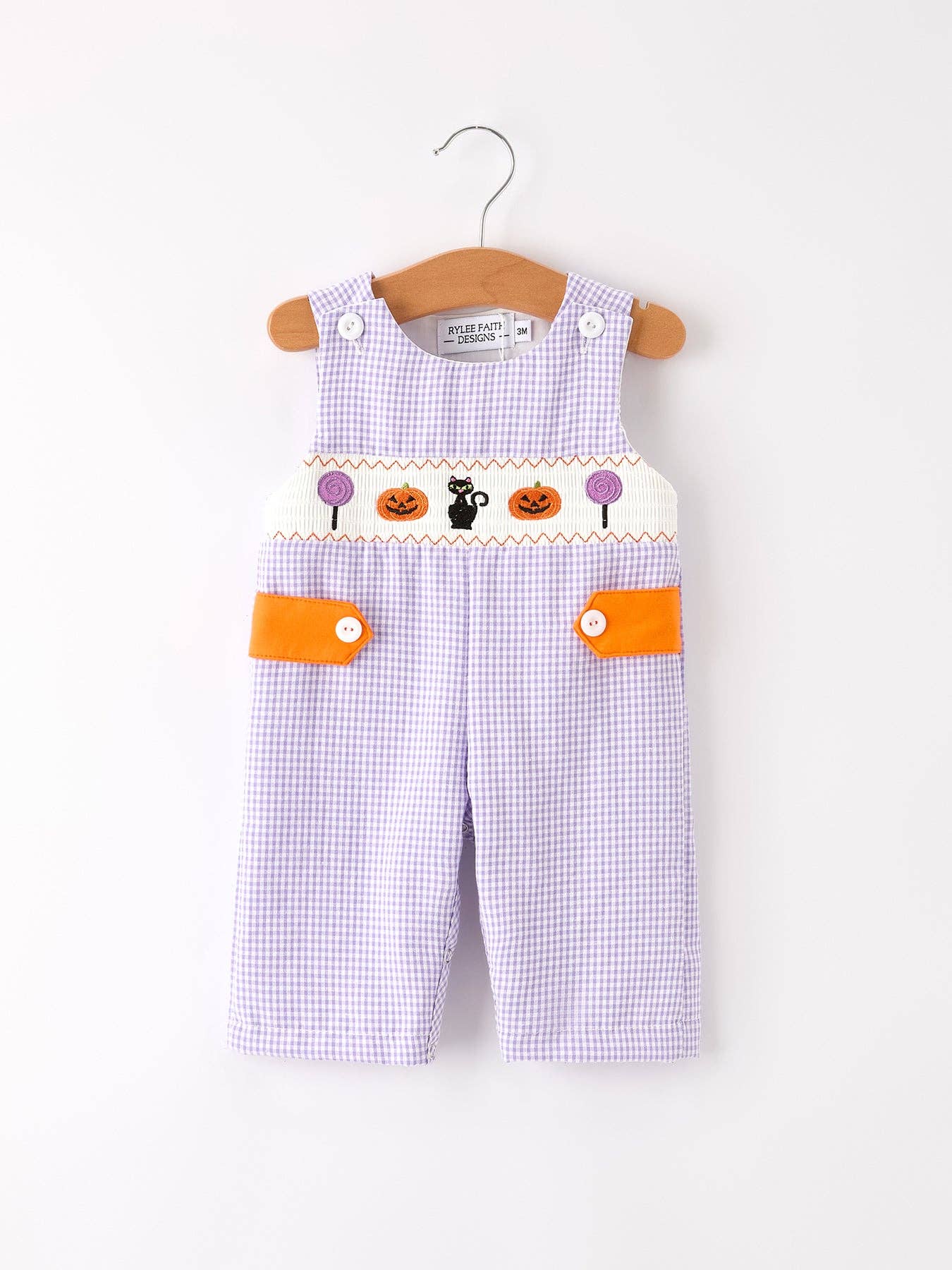 Rylee Faith Designs - Fall Halloween Purple Balloon Pumpkin Cat Smock Embroidery Baby Boy Romper