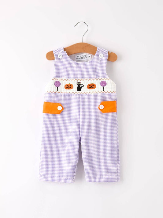 Rylee Faith Designs - Fall Halloween Purple Balloon Pumpkin Cat Smock Embroidery Baby Boy Romper