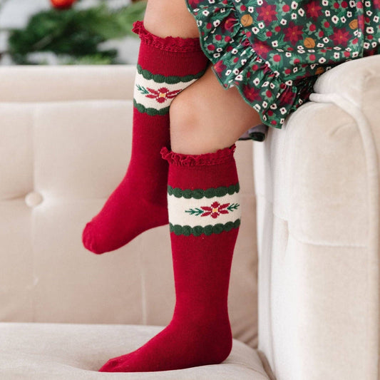 Little Stocking Co. - Poinsettia Lace Top Knee High Socks