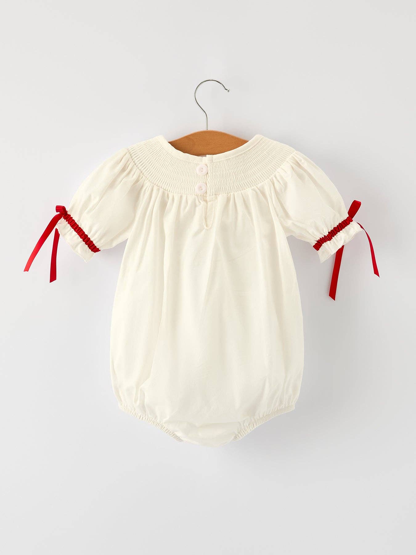Rylee Faith Designs - Christmas Girl's Romper : Delicate Embroidery with Red Bow Details