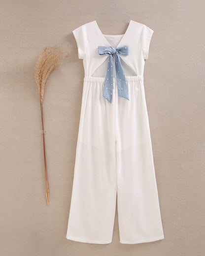 Dadati - Girl's long jumpsuit with back opening and blue bow