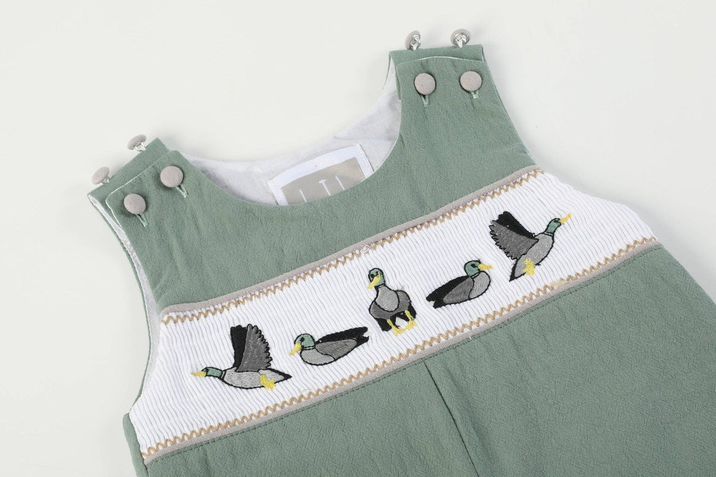 Lil Cactus - Sage Green Mallard Smocked Overalls