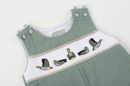 Lil Cactus - Sage Green Mallard Smocked Overalls