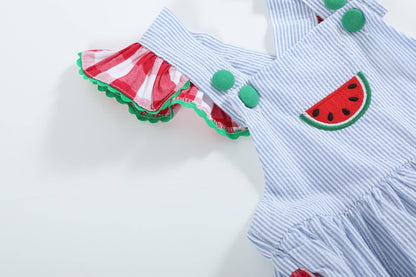 Light Blue Seersucker and Gingham Watermelon Ruffle Romper