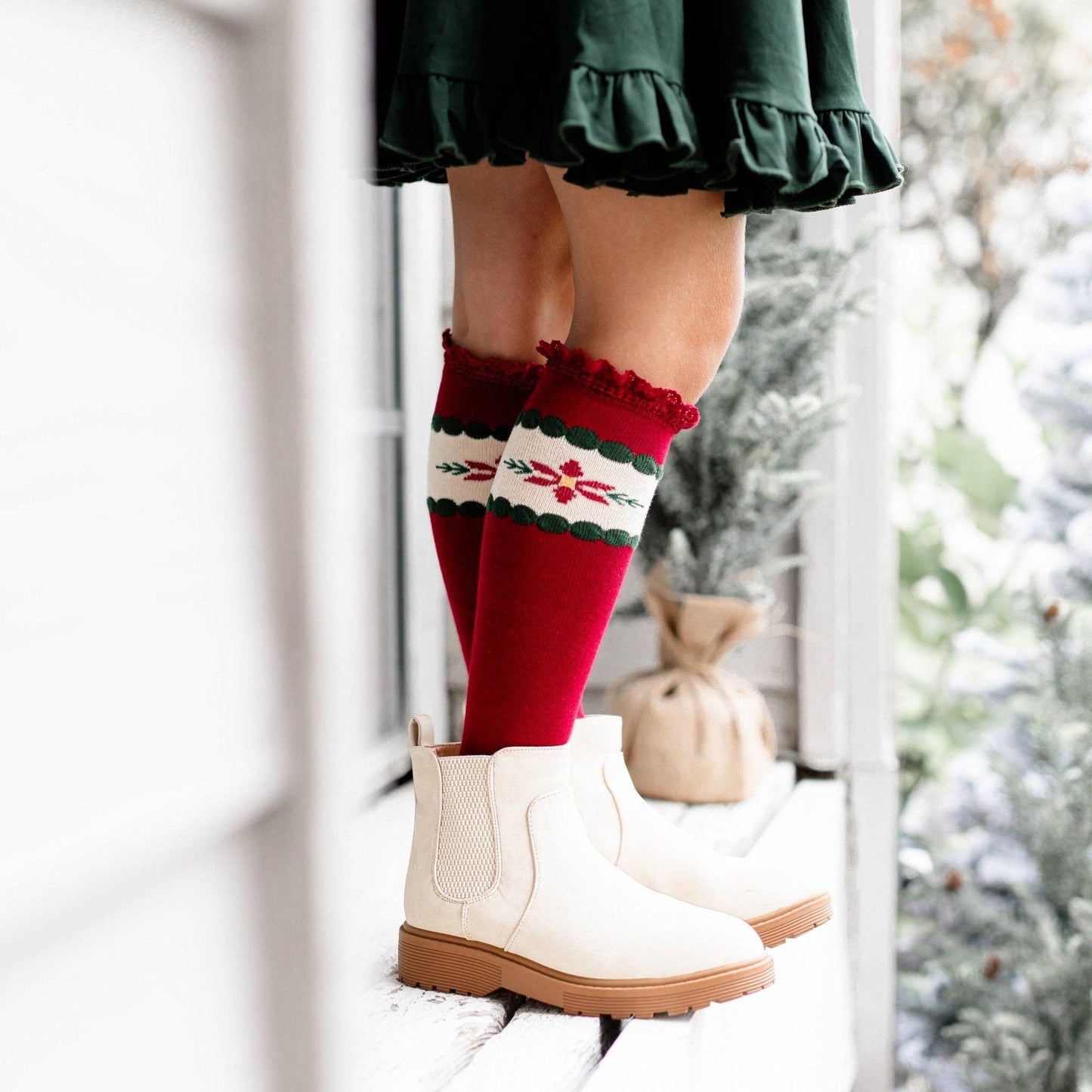 Little Stocking Co. - Poinsettia Lace Top Knee High Socks