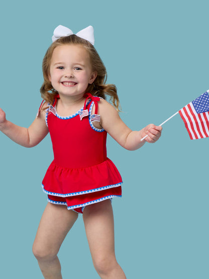 RuffleButts + RuggedButts - Girls Vintage Red Crochet Detail Peplum One Piece Swimsuit
