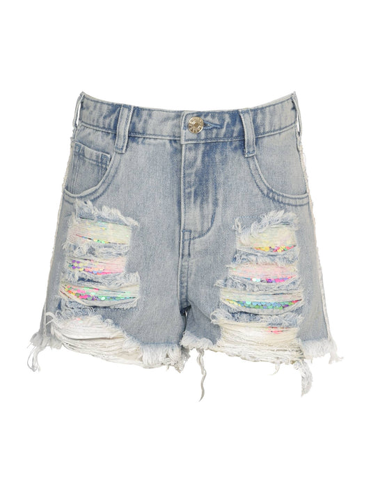Hannah Banana , Baby Sara - DENIM SHORTS W/ SEQUIN DISTRESS