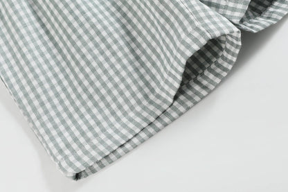 Lil Cactus - White Dinosaur Smocked Tee and Green Gingham Shorts Set
