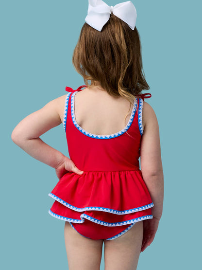 RuffleButts + RuggedButts - Girls Vintage Red Crochet Detail Peplum One Piece Swimsuit