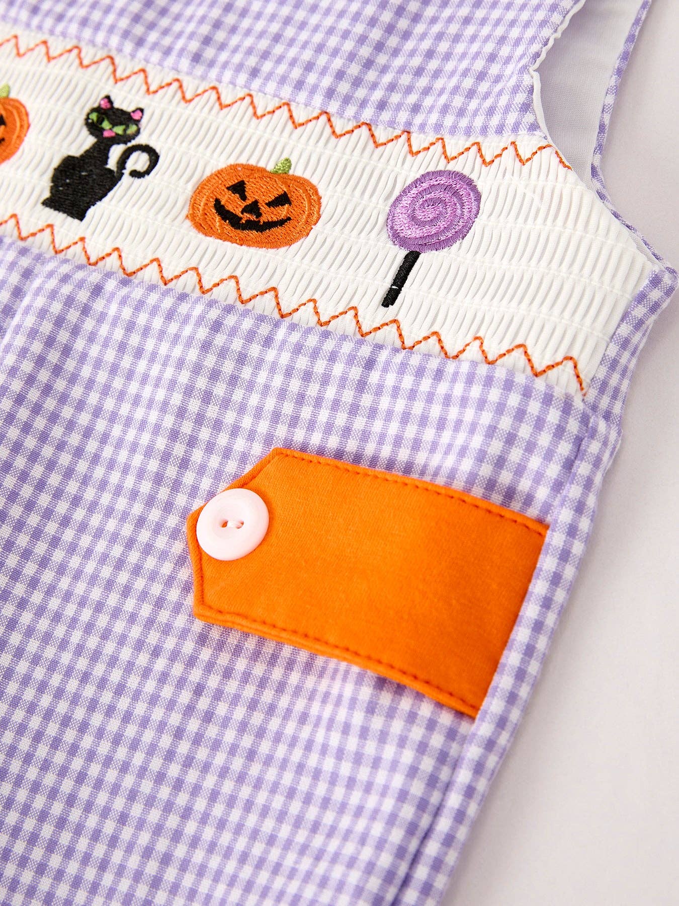 Rylee Faith Designs - Fall Halloween Purple Balloon Pumpkin Cat Smock Embroidery Baby Boy Romper