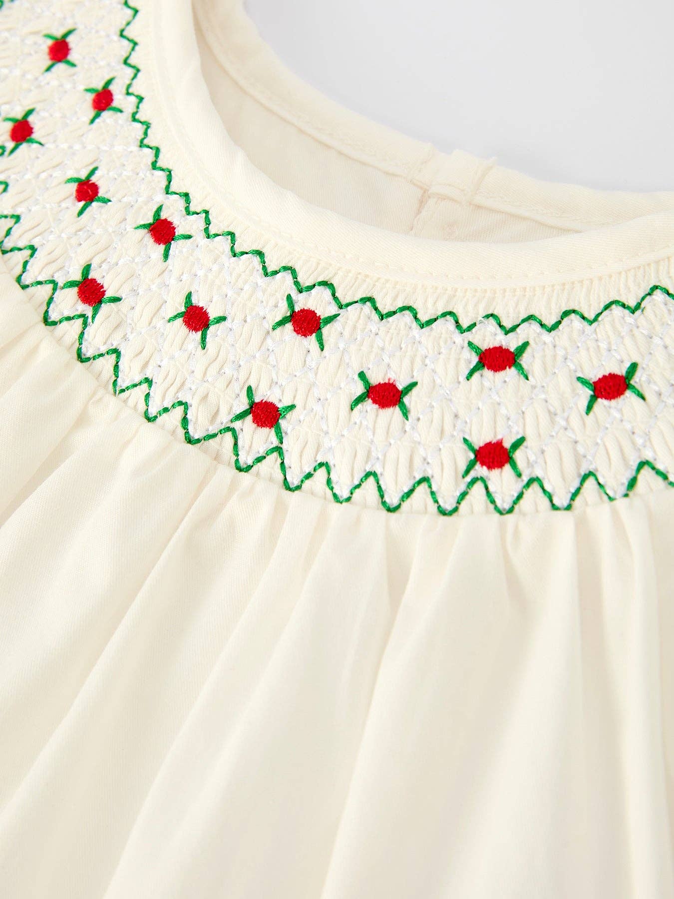 Rylee Faith Designs - White Christmas Girl's Dress: Delicate Embroidery with Red Bow Details