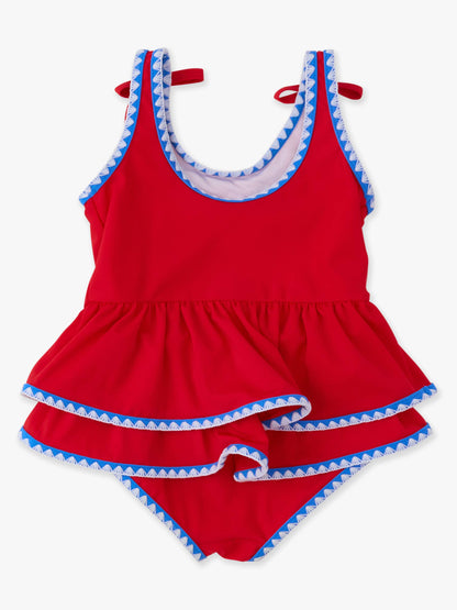 RuffleButts + RuggedButts - Girls Vintage Red Crochet Detail Peplum One Piece Swimsuit