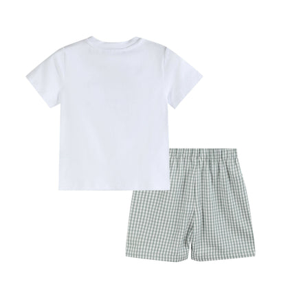 Lil Cactus - White Dinosaur Smocked Tee and Green Gingham Shorts Set