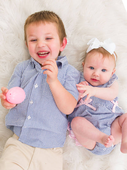 Boys Classic Blue Seersucker Short Sleeve Button Down Shirt