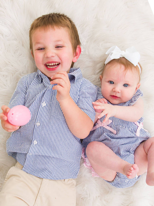Boys Classic Blue Seersucker Short Sleeve Button Down Shirt