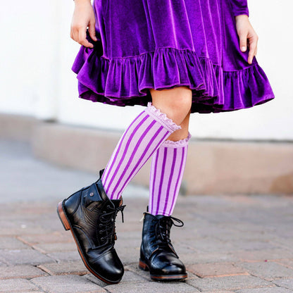 Little Stocking Co. - Purple Striped Lace Top Knee High Socks