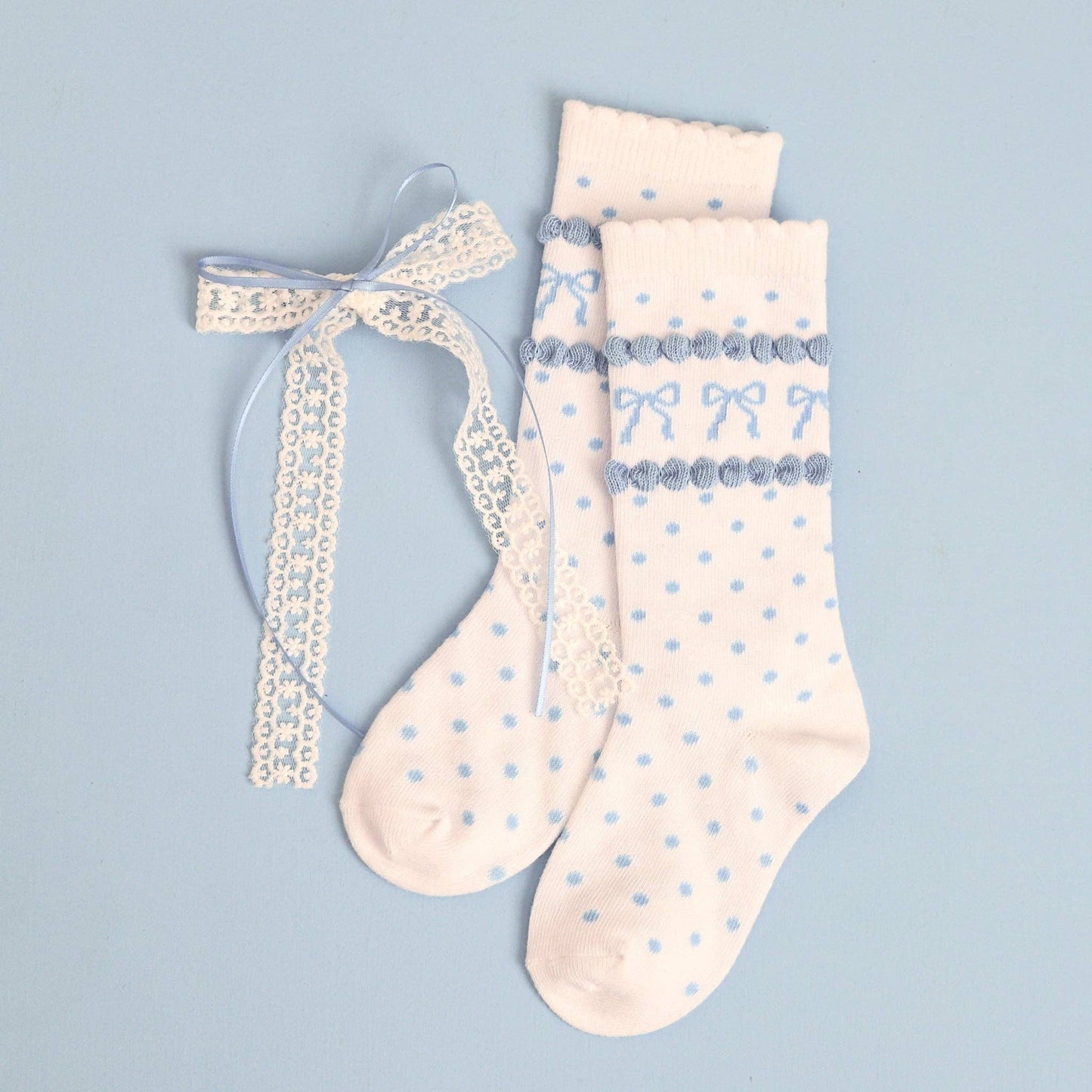 Little Stocking Co. - Blue Bow Scalloped Knee Socks