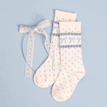 Little Stocking Co. - Blue Bow Scalloped Knee Socks