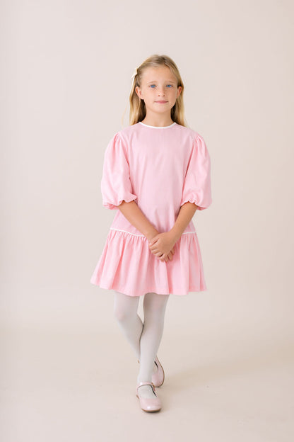 Harper Dress - PRESCOTT PINK CORDUROY WITH WHITE CORDUROY PIPING